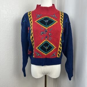 VTG Folk Knit Cropped Sweater Womens Small Blue Red Floral Artsy‎ 80s 90s Cozy